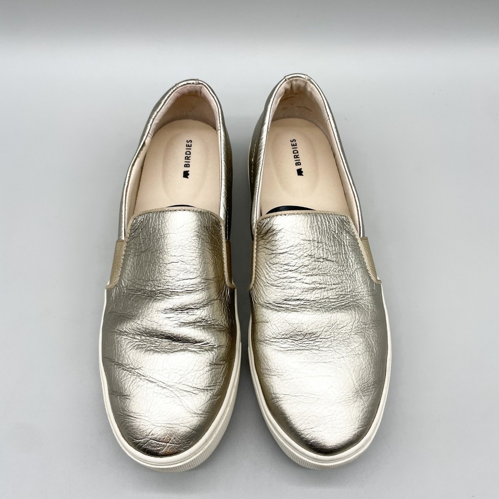Birdies Womens 9 Swift Metallic Gold Leather Slip On Sneakers Shoes Preppy Chic
